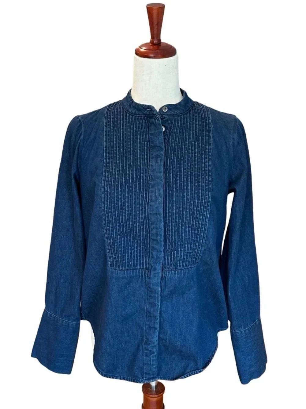 Banana Republic Women's Denim Tuxedo Pintuck Pleat Shirt Dark Wash Blue Small
